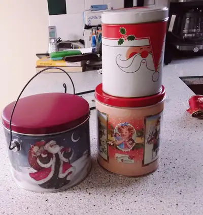 3 Christmas tins plus metal tray, View more