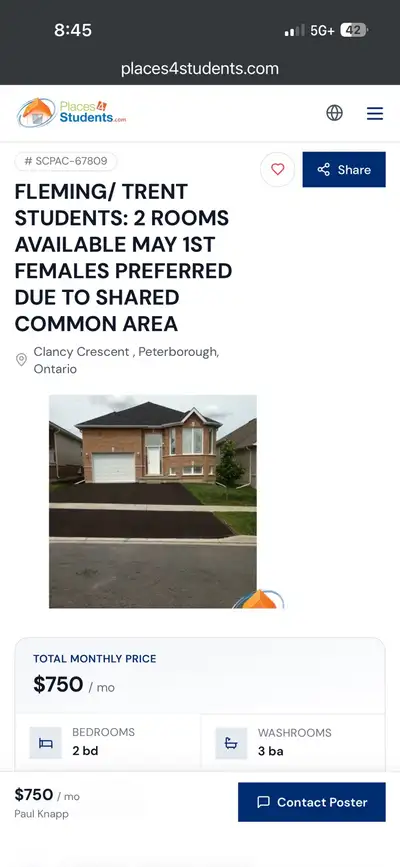 Female students preferred Contract ending April 2027 Access to all amenities Room is furnished Bed i...