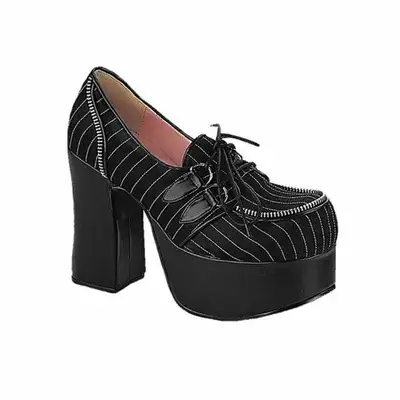 Demonia Charade-12 - Black Satin / White pinstripe Size 7, View more
