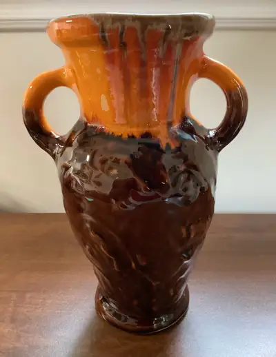 MCM Orange and Brown Double Handled Drip Glaze Ceramic Vase, View more