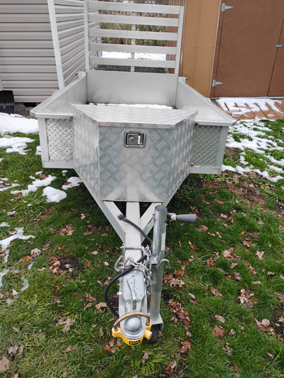 4x8 aluminum trailer (49 1/2x 97 1/2 inside) 13" galvanized wheels. spare, lockable aluminum tool bo...