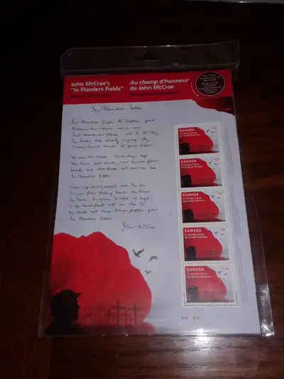 CANADA POST STAMPS. IN FLANDERS FIELDS. 5 BRAND NEW STILL IN THE PACKAGE. COULD DELIVER TO COLBORNE,...