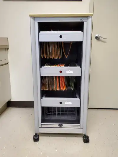 Filing cabinet, sliding door, with wheels $350, View more