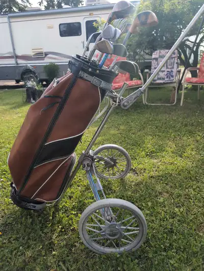antique Atlantic Canada mini golf bag with vintage cart, View more