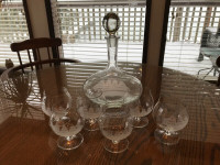 Crystal Brandy Decanter  w/Six Glasses Etched Vintage Clipper