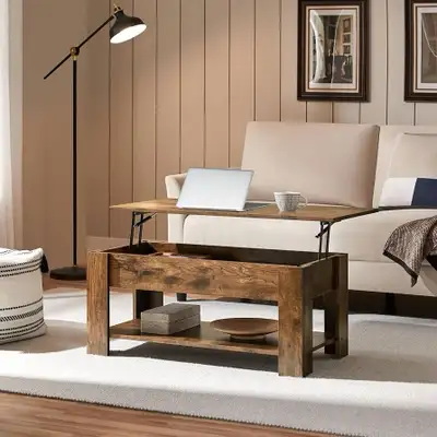 Rustic Lift Top Coffee Table w/Hidden Compartment & Storage Space - Lift Tabletop for Living Room Fu...