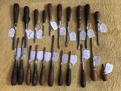 Priced at $10 to $65 Vintage assorted wood handle screwdrivers, including HD Smith's "Perfect Handle...