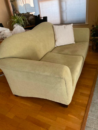 Unique love seats, with shaped backs and curved arms. Color is a