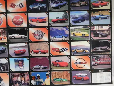 A binder with 99 Chevy Corvette trading cards in protective plastic sleeves, 9 per page in near mint...