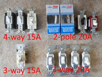 Double pole 20A switches, 4-way, 3-way, Spec grade recept, etc