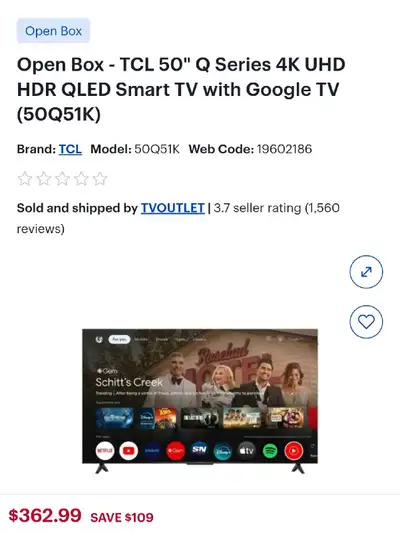TCL 50" 4K UHD HDR QLED Smart TV with Google TV! FROM $300, View more