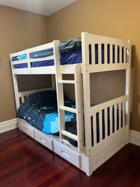 Twin Bunk Beds with 3 Drawers (White) - Mattreses Included