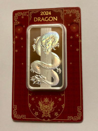 2024 PAMP 50g Lunar Dragon 9999 Fine Silver Hologram Bar in Card