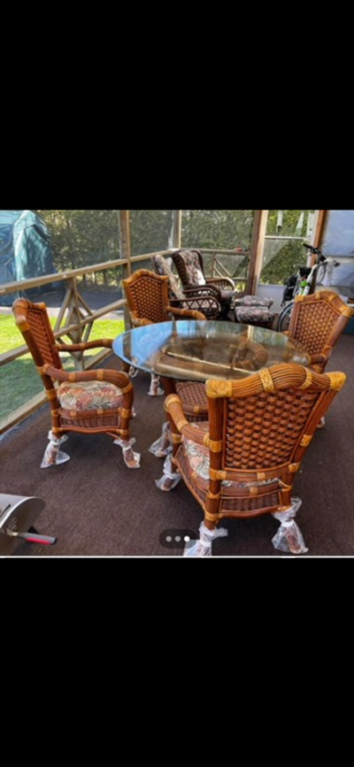 Patio table and chairs barely used. Very comfortable. Glass table top (removable) .