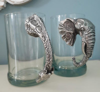 Glass with Pewter animal handle Elephant and Giraffe mug mugs