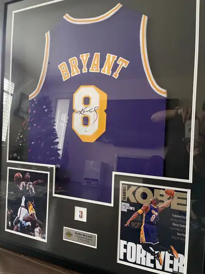 Authentic Kobe Bryan autographed framed jersey with Vintage Laker Purple Number 8 Fully set with cer...