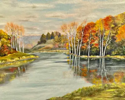For sale is a lovely vintage oil landscape (unframed and unsigned). Approximate measurements: 23.5”...