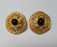Vintage Earrings, gold tone with black centre and clear crystals