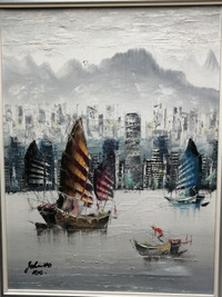John Ho peinture toile tableau Hong Kong huile bateau montagne
