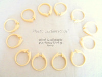 12 plastic curtain rings, sliding/snap lock, white or ivory