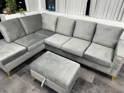 Grey Velvet Sectional Sofa with Storage Ottoman! , View more