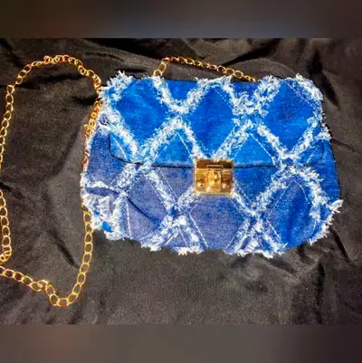 Blue Denim Crossbody Bag with Gold Chain, View more