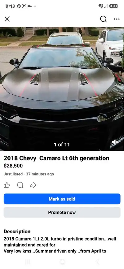 2018 Camaro lt 2.0L Turbo 43759kms Single owner driven Never driven during winter No accidents clear...