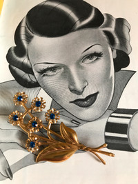 Vintage 1940s Brooch Gold Tone Floral Spray Blue Rhinestones