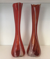 Pair Vintage Retro Red Swung Vases