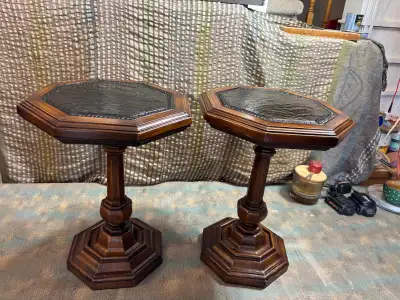 Pair of Antique Octagon End/Side Tables w/ Black Leather Top, View more