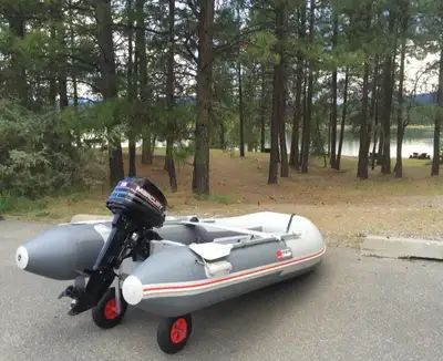 3 piece aluminum floor, wheels and oars. 15hp 2 stroke mercury outboard and fuel tank. Boat goes abo...
