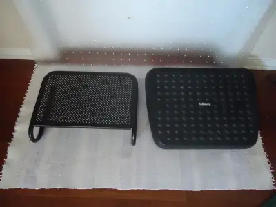 Poly-carbonate clear floor mat 35x47 for low/med pile $30 Fellowes adjustable foot rest $25 Metal Sh...