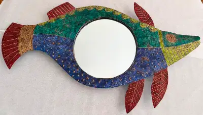 Unique colourful artisan-style metal fish mirror, View more