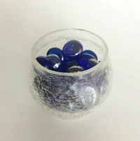 Round Glass Jar Vase of Blue Pebbles Rocks Stones