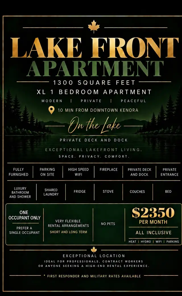 1 bedroom, lake front, furnished apartment, All inclusive!!. in Long Term Rentals in Kenora - Image 2