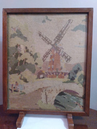 VINTAGE WINDMILL FIREPLACE EMBROIDERY FIRE SCREEN