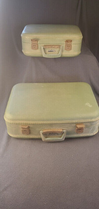 Two Vintage Green DuBarry Suitcases Yellow interior