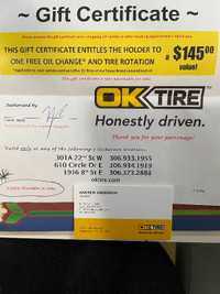 Oil change & tire rotation gift card for all OK Tire Stoon