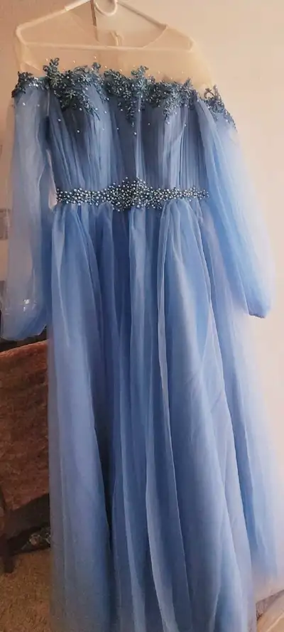 beautiful blue prom dress with Beading, View more