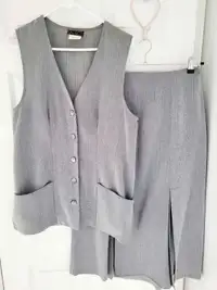 Womens Grey Stripe Suit Long Vest With Pockets. Midi Skirt Work