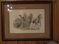 FRAMED CHARCOAL CHUCKWAGON, HORSES AND DRIVER. 190