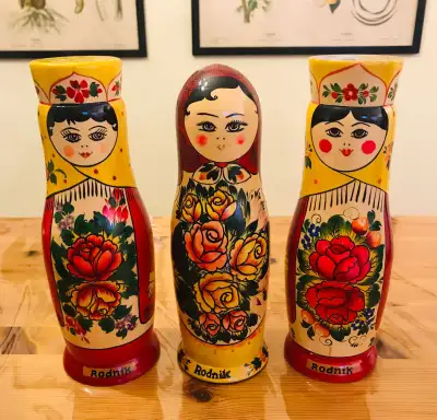 3 Matryoshka Folk Art Hand painted medium size wooden bottle holders. 10.75” x 3.5”
