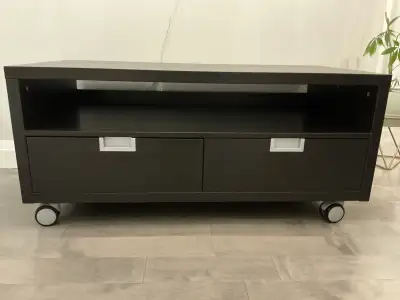 Mobile media wood console with storage or bench, View more