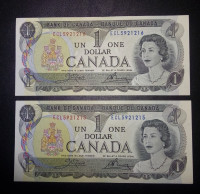 1973 Canadian One Dollar Banknotes with Sequential Serials