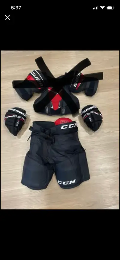 Kids 5-7 T hockey gear CCM pants, gloves Sherwood, View more