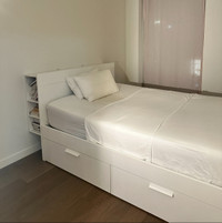 Queen sizeBed with 4 large drawers, 3 big shelves on both sides 