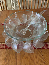 New glass punch bowl with ladle and 12 cups