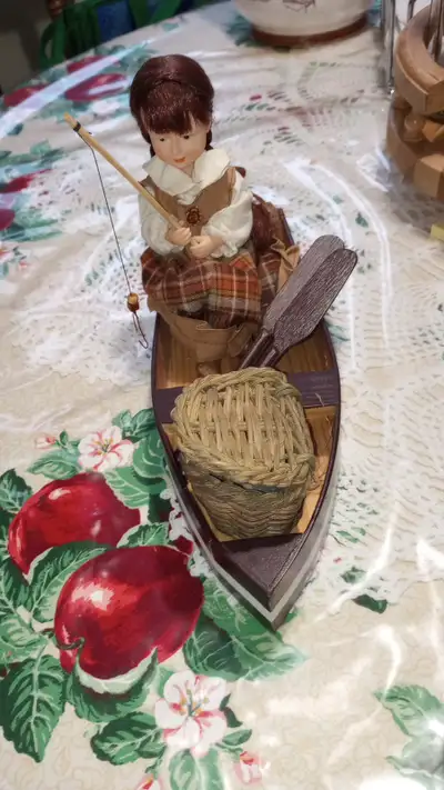 Vintage Fishing Girl in a Rowboat. 11"L x 3 3/4"W x 7"H. Asking $15. Located in Middleton, NS.