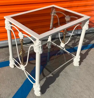 Vintage Elliot's Design From the 70’s Nightstand/ side table with tinted glass shelf as r brass acce...