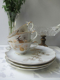 Fine Porcelain 3 Pairs Mug & Saucer "Golden Pine", Japan
